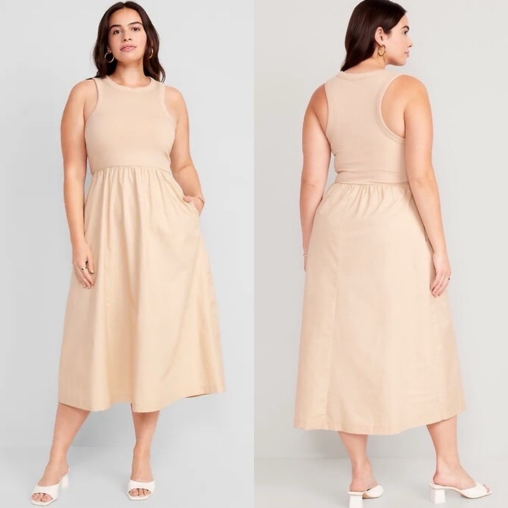 Old Navy Fit & Flare High-Neck Combination Midi Dress Sleeveless Tan Size XL
